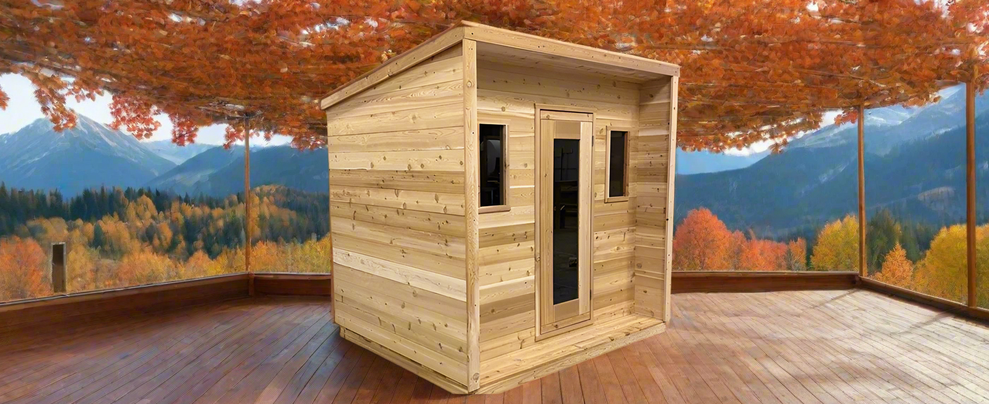 True North premium outdoor cabin sauna on a scenic mountain deck
