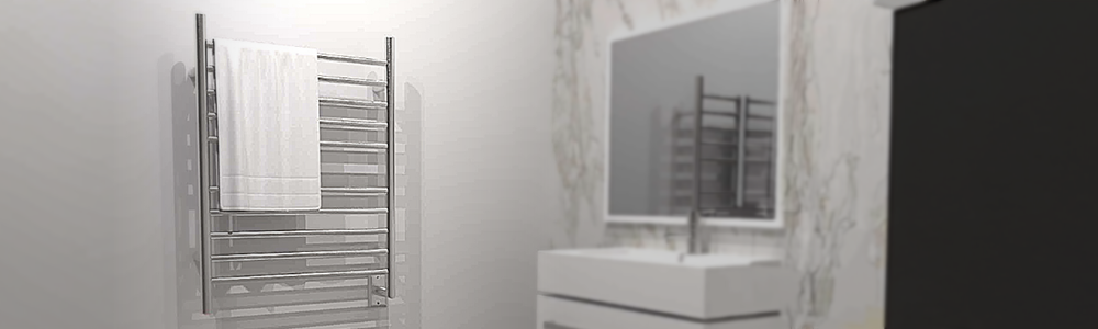 A wall-mounted chrome Amba Products towel warmer rack with a white towel hanging on it, set in a modern bathroom