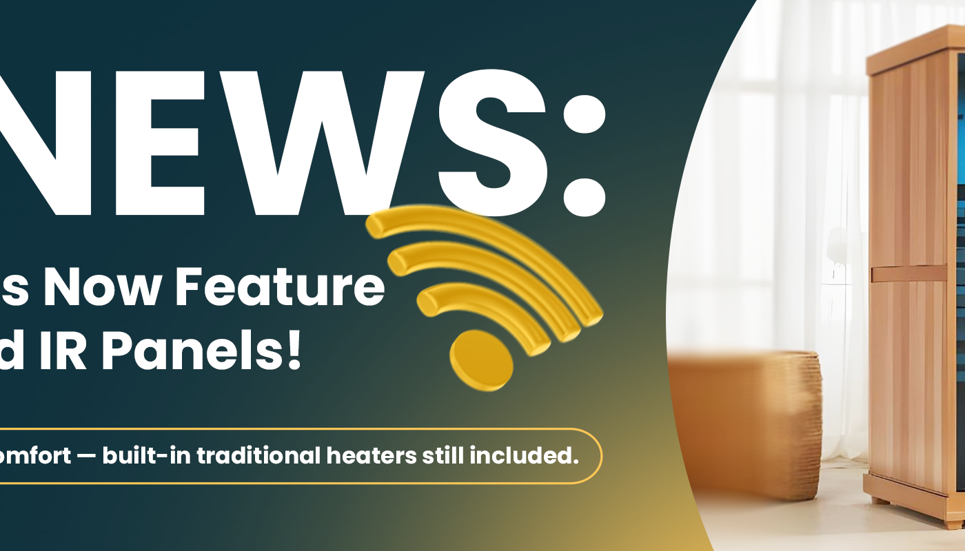 A Finnmark promotional banner announcing Wi-Fi connected IR panels, next to a freestanding wooden indoor infrared sauna with a glass door.