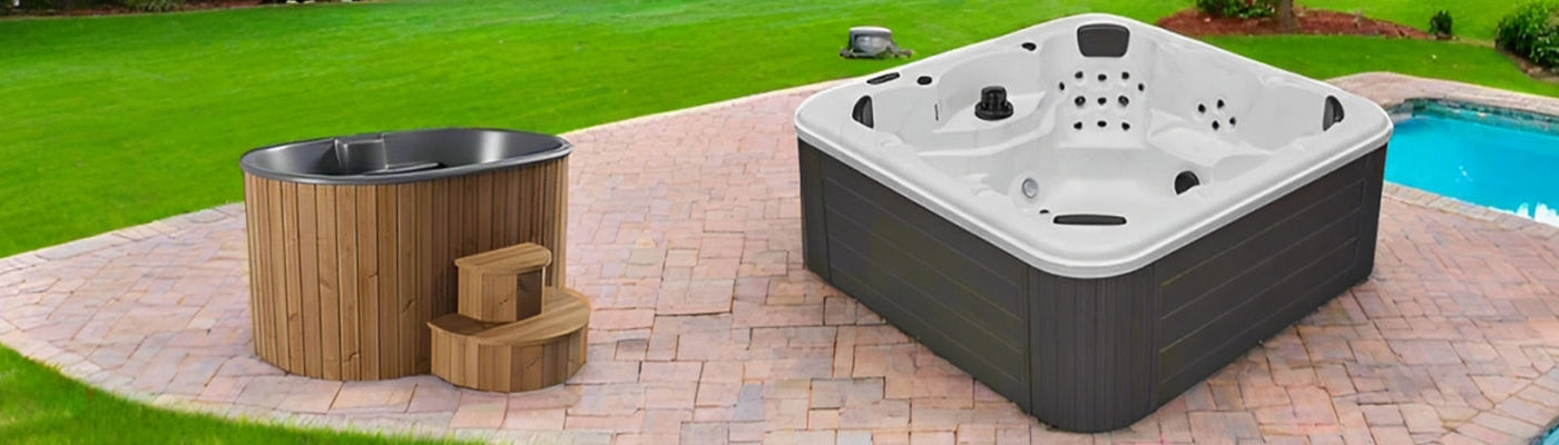 Premium wooden hot tub and cold plunge combo set in a backyard retreat.