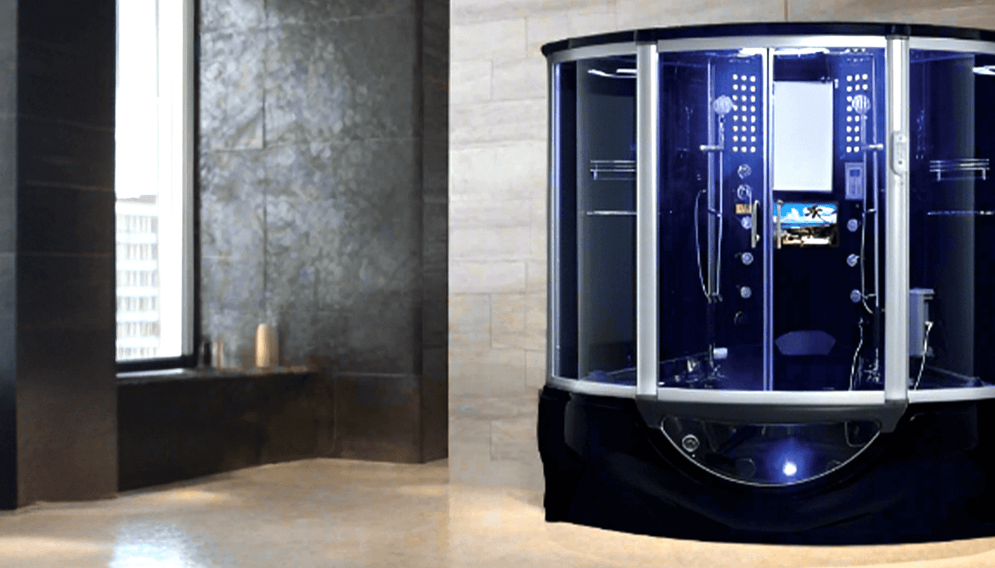 Luxury 2-person freestanding black indoor steam shower for home wellness.