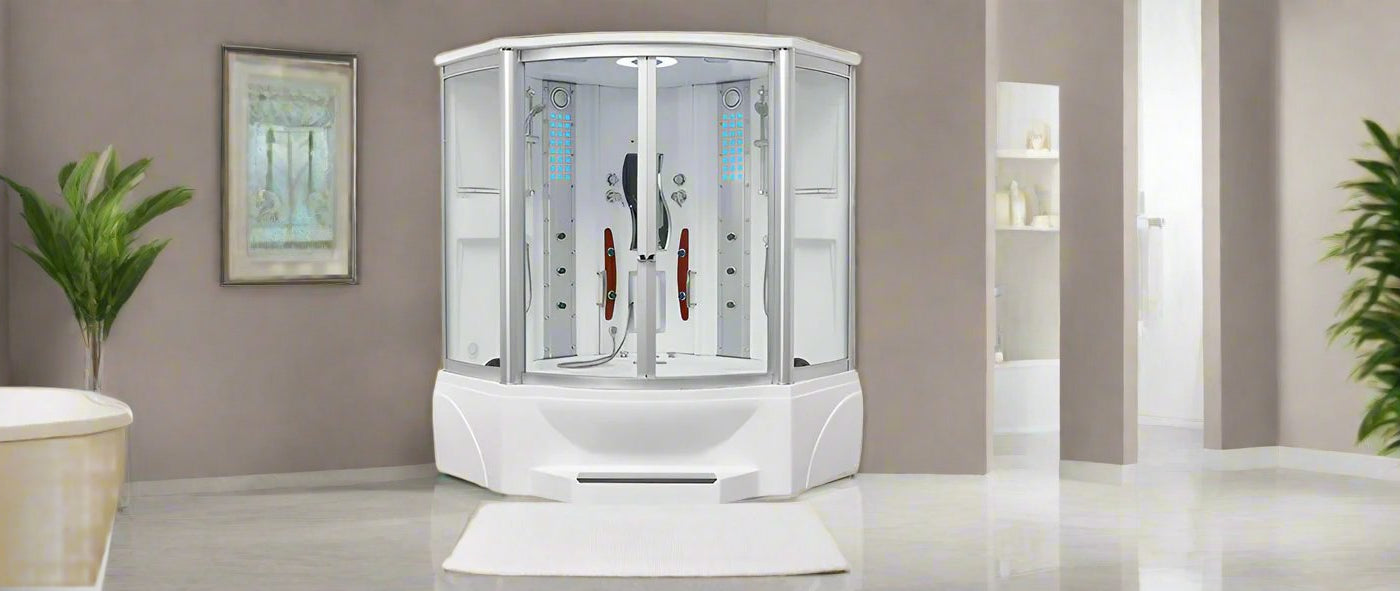 A luxury white freestanding Mesa indoor steam shower with curved glass doors and digital control panels in a modern bathroom setting.