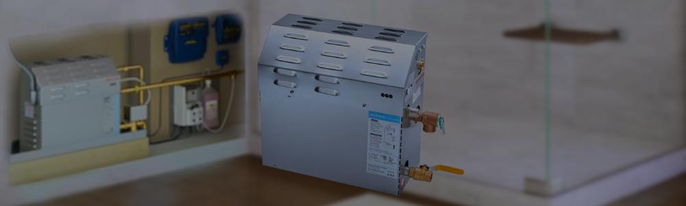 A gray Mr. Steam commercial steam generator unit in the center, with another unit installed in a utility closet to the left, against a blurred bathroom shower background.