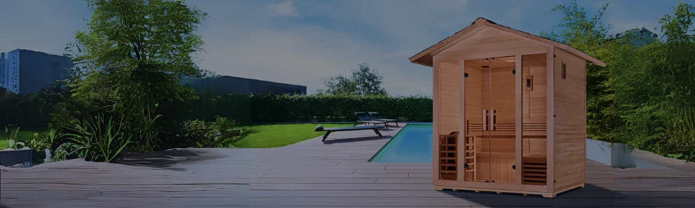 Modern wooden hybrid sauna with glass panels for home wellness.