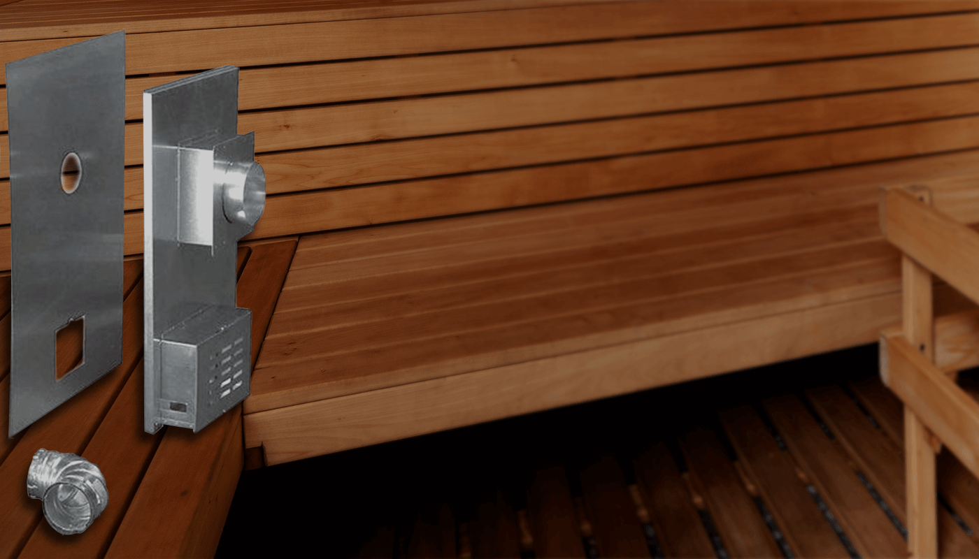 A collection of Scandia gas sauna heater components and installation parts displayed next to wooden sauna benches.