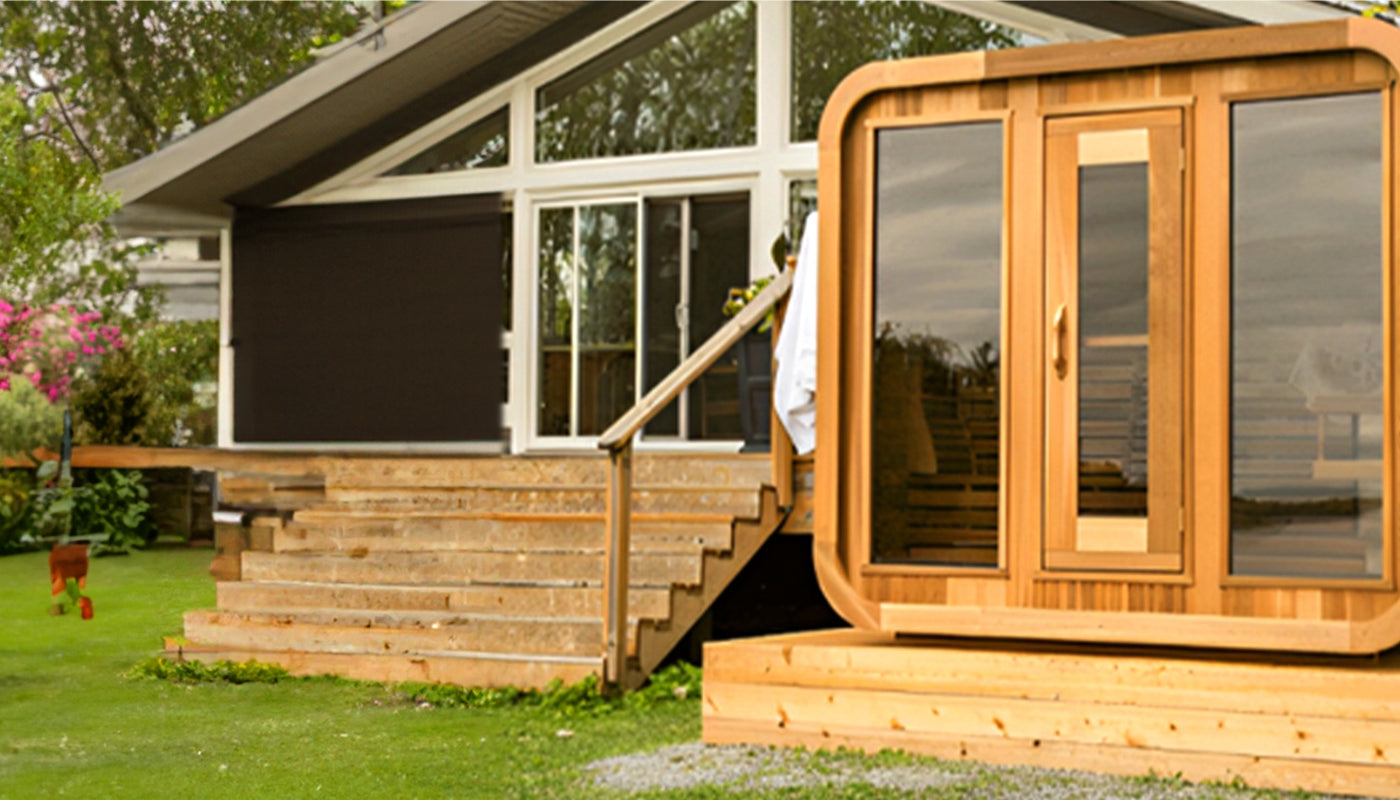 Wooden home sauna with warm lighting and built-in benches