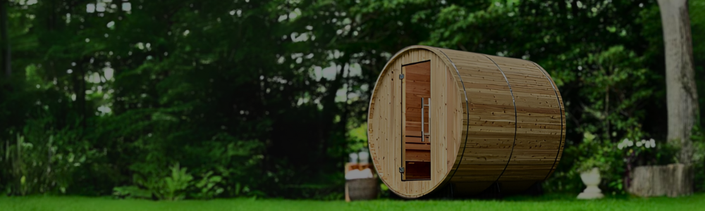 Premium outdoor barrel and modern cabin saunas in a backyard setting.