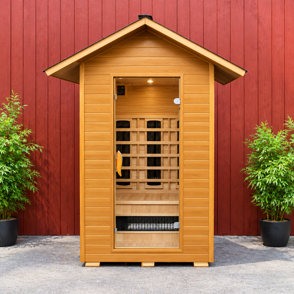 Sunray Burlington 2-person outdoor infrared sauna against a red wall