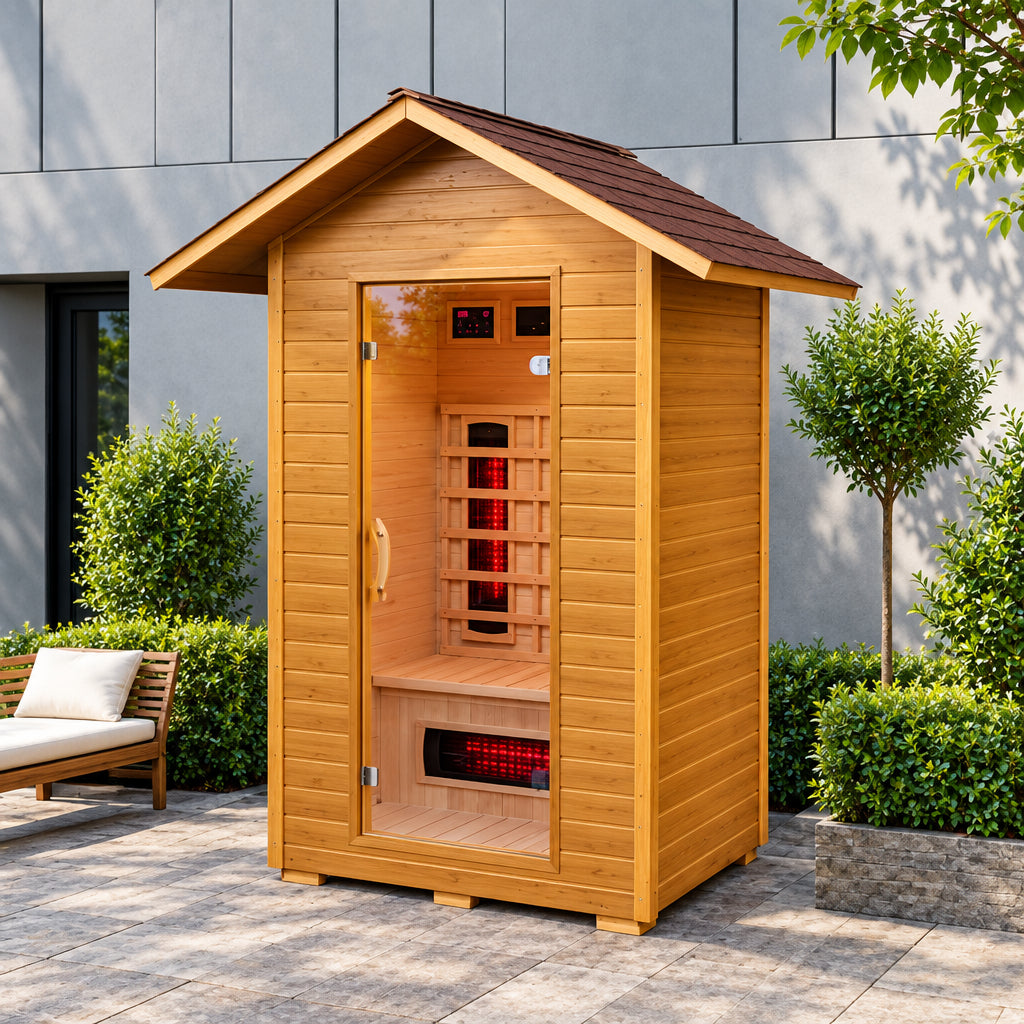 Sunray Burlington outdoor sauna on a paved patio, angled view