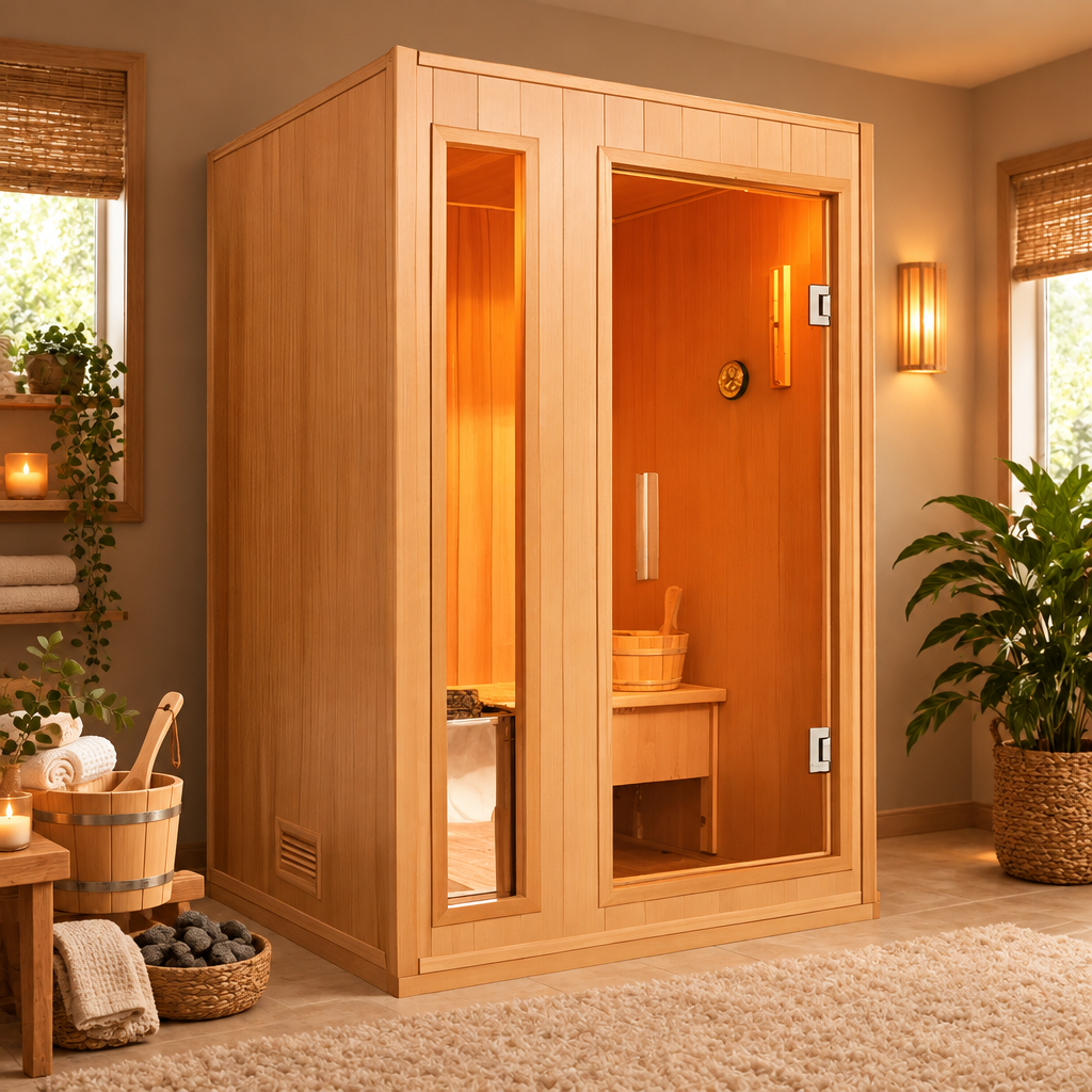Sunray Baldwin 2-person indoor hemlock sauna in a sunny room