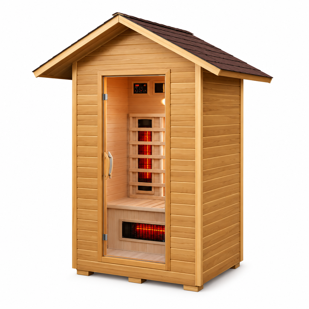 The Burlington outdoor infrared sauna, angled side view
