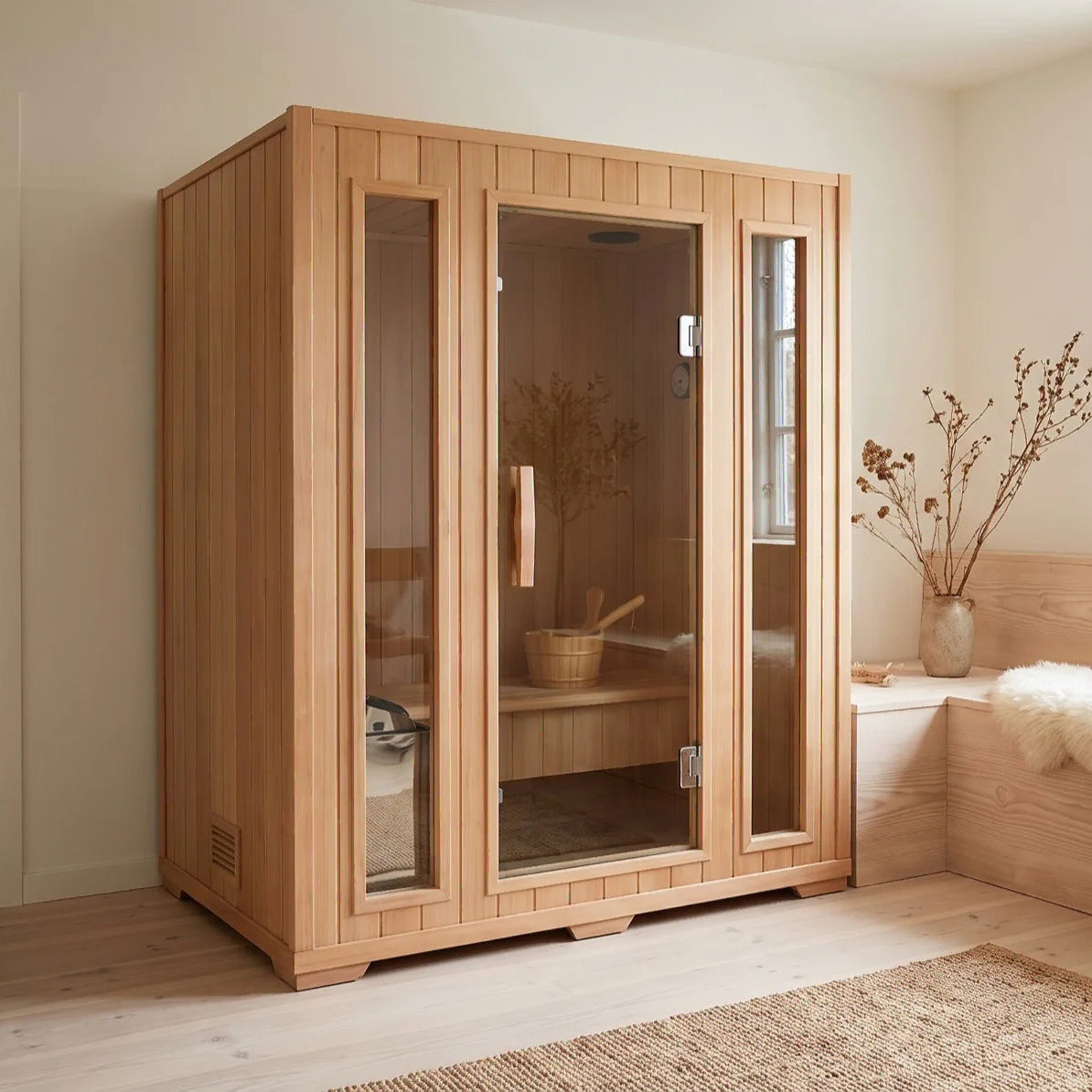 Sunray Southport 3-person indoor sauna in a bright living space, front view