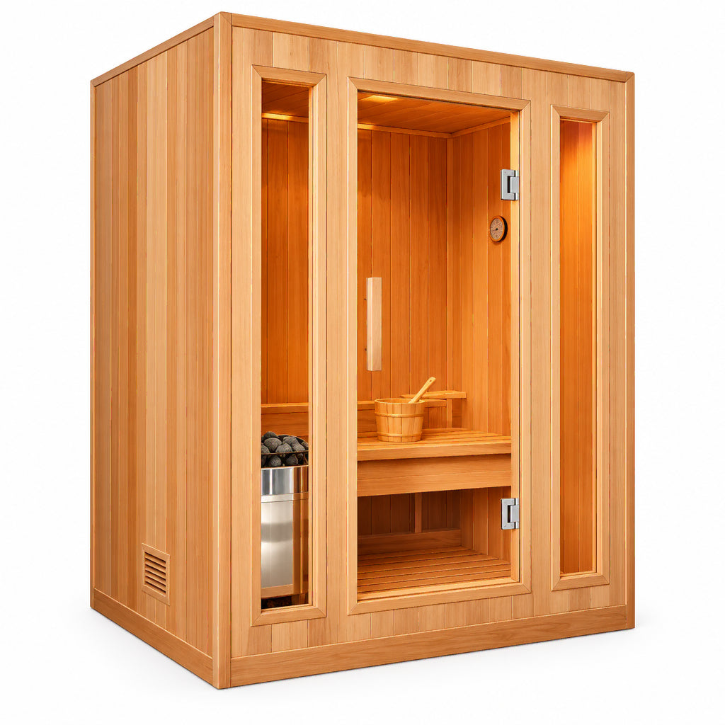 Southport sauna, angled view with heater and bench visible through the glass
