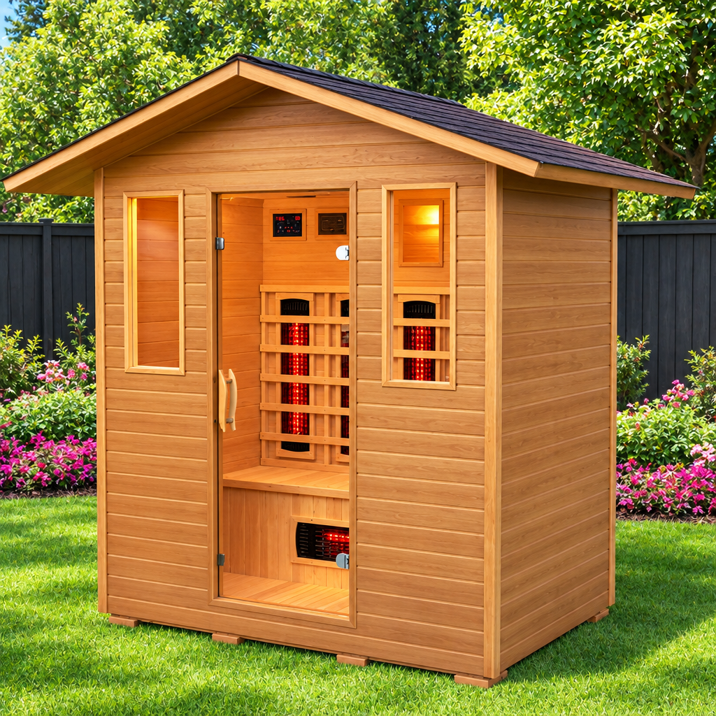 Sunray Cayenne outdoor sauna with glass door and shingled roof on a lawn