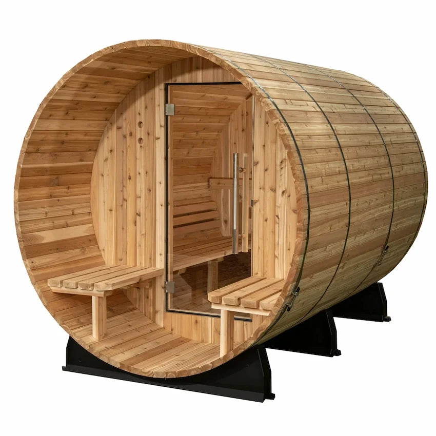 Wooden barrel-shaped sauna with a bench on a white background
