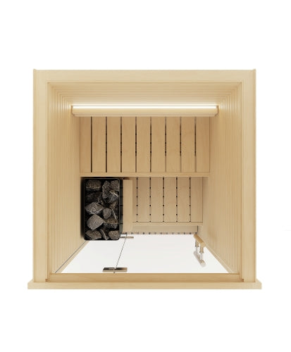 Wooden sauna with glass door on a white background