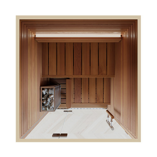 Wooden sauna with a bench and storage area on a white background