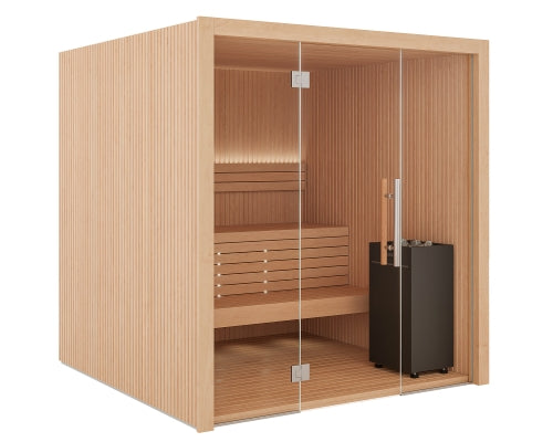 Wooden sauna with glass door on a white background