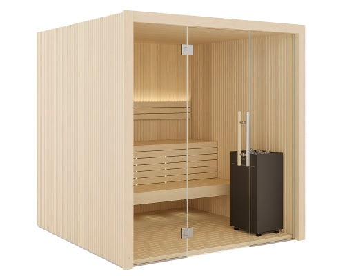 White background with a wooden sauna in a glass door