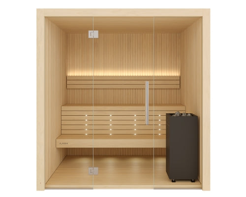 A modern wooden sauna room with light natural wood benches and walls, illuminated by warm LED strip lights inside, a glass door with metal hinges, and a dark gray sauna heater placed on the floor to the right.
