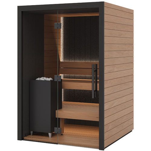 Wooden sauna with black exterior and a heater inside on a white background