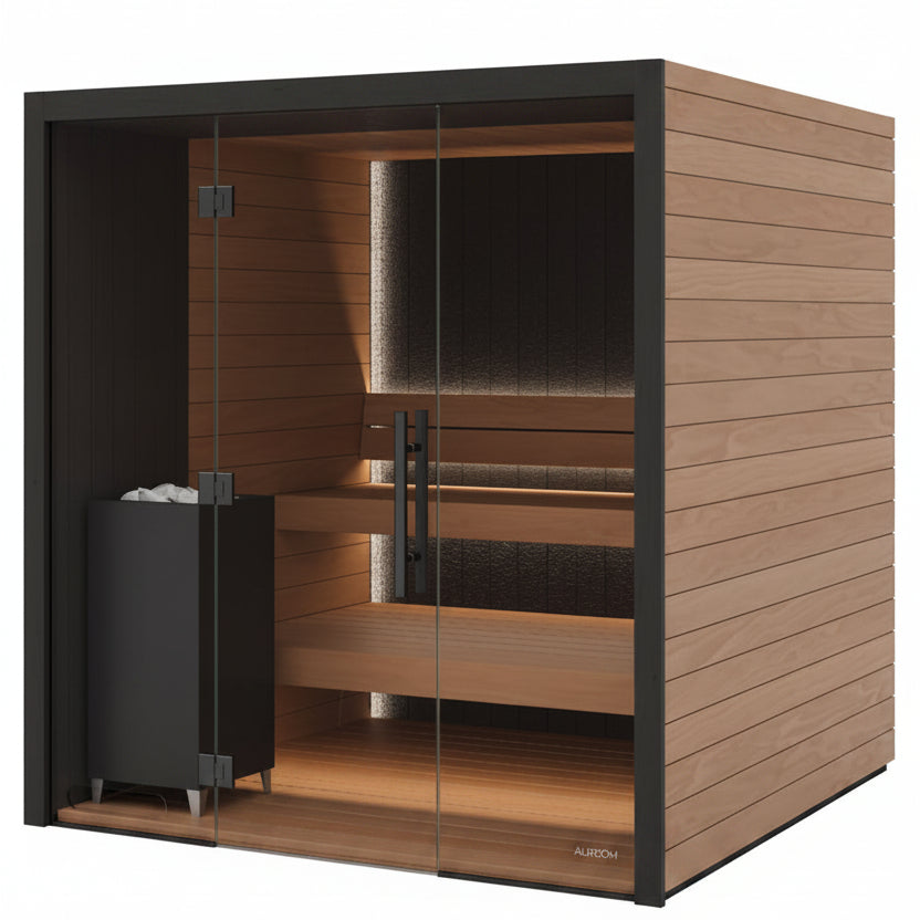Wooden sauna with glass door and black interior on a white background