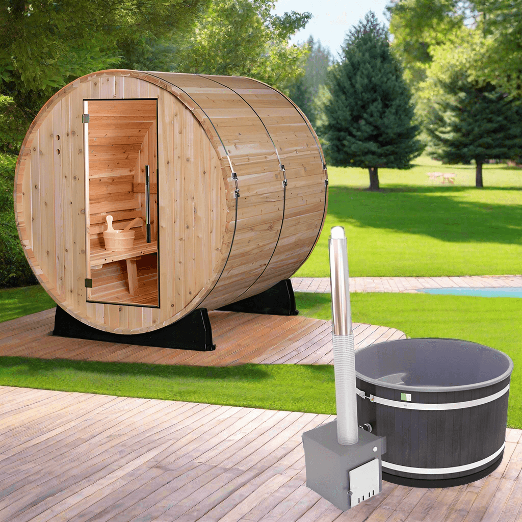 Almost Heaven Saunas & Hot Tubs Almost Heaven Pinnacle 4 Person Barrel Sauna & Almost Heaven Serenity 4 Person Wood Fired Hot Tub