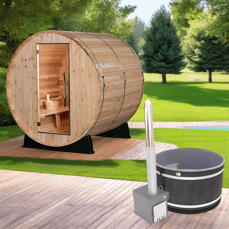 Almost Heaven Saunas & Hot Tubs Almost Heaven Pinnacle 4 Person Barrel Sauna & Almost Heaven Serenity 4 Person Wood Fired Hot Tub