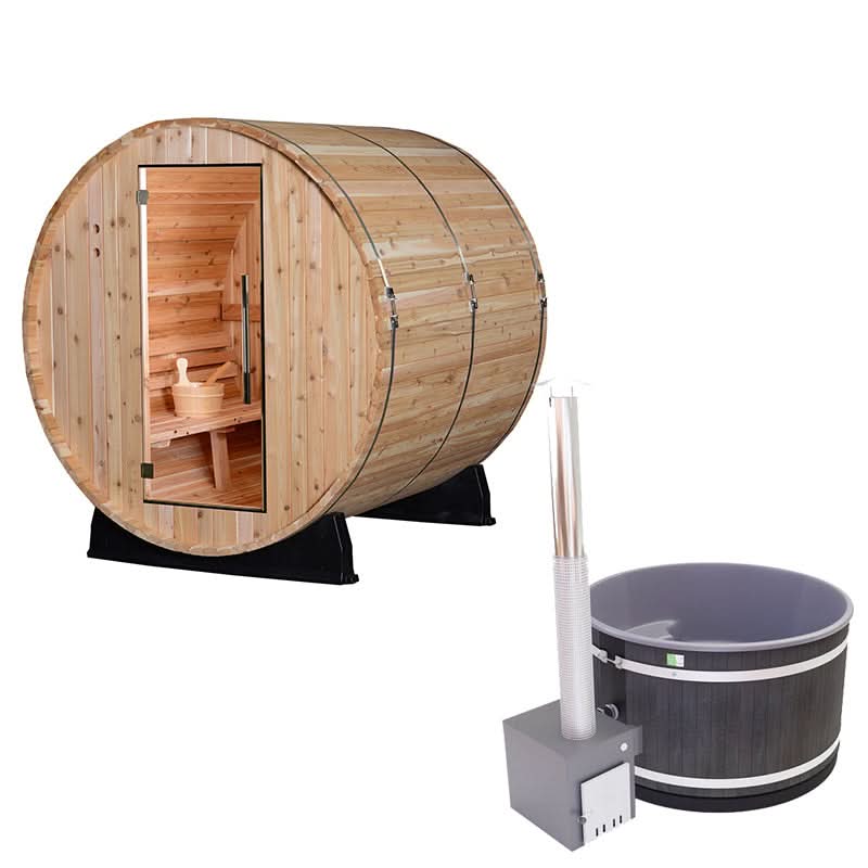 Almost Heaven Saunas & Hot Tubs Almost Heaven Pinnacle 4 Person Barrel Sauna & Almost Heaven Serenity 4 Person Wood Fired Hot Tub