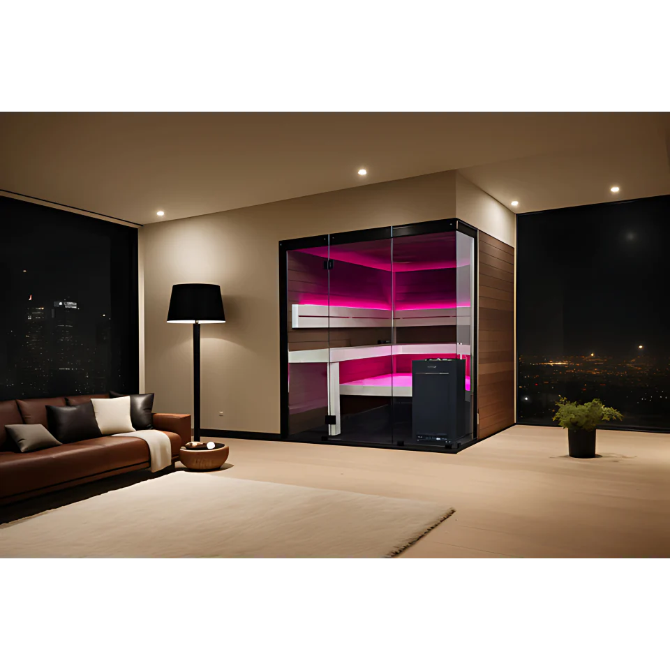 Modern living room with a glass cabinet displaying pink and purple items.