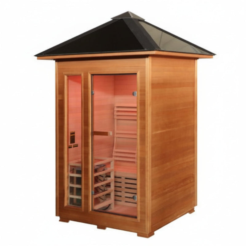 A single-story wooden infrared sauna with a black pyramid roof, glass doors, and visible wooden benches inside, shown on a plain white background.
