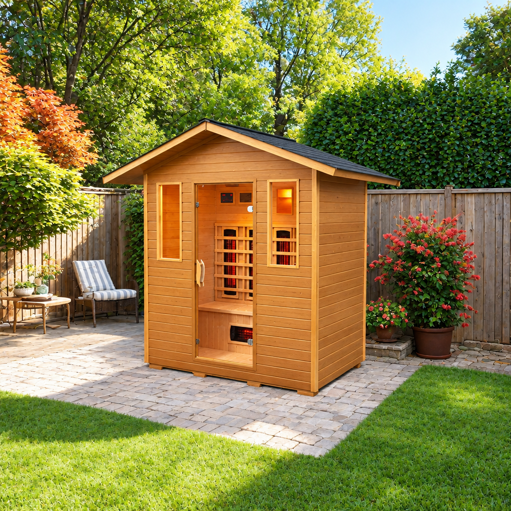Sunray Cayenne 4-person outdoor infrared sauna on a backyard patio