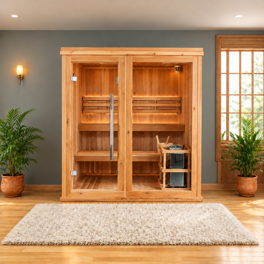 Sunray Charleston 4-person indoor cedar sauna in a living room