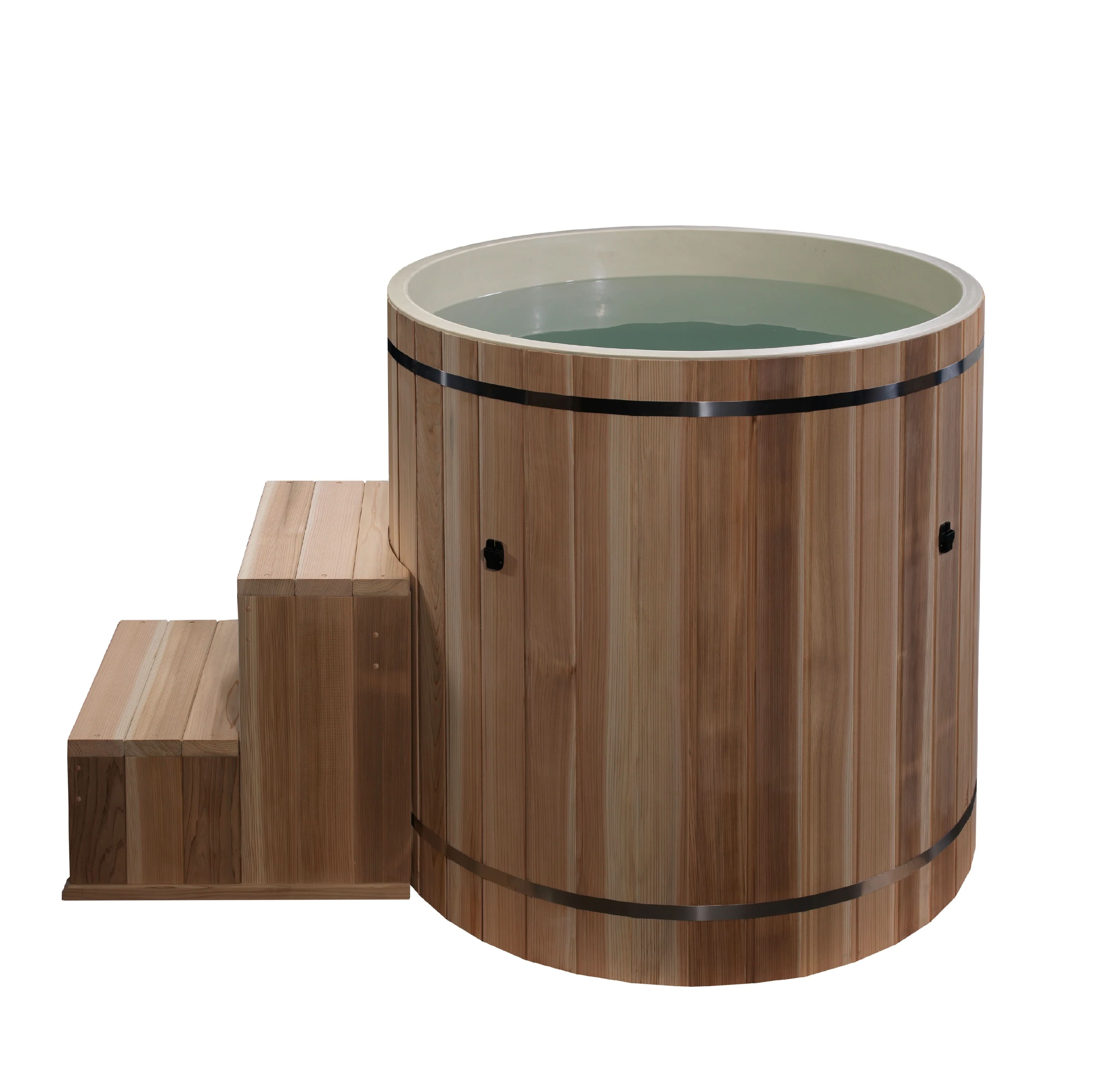 Wooden hot tub with steps on a white background