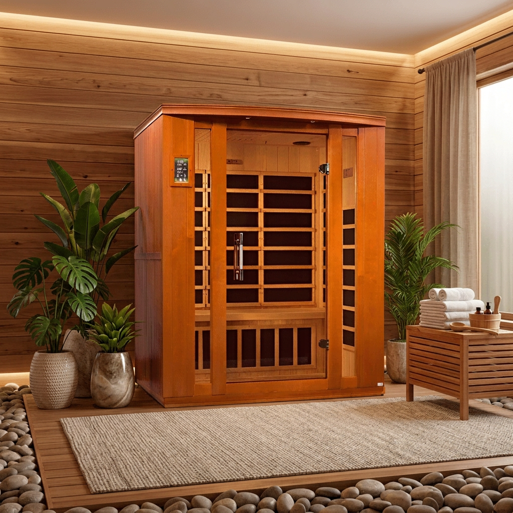 Dynamic Bellagio 3 person infrared sauna in a room with stone wall and plants