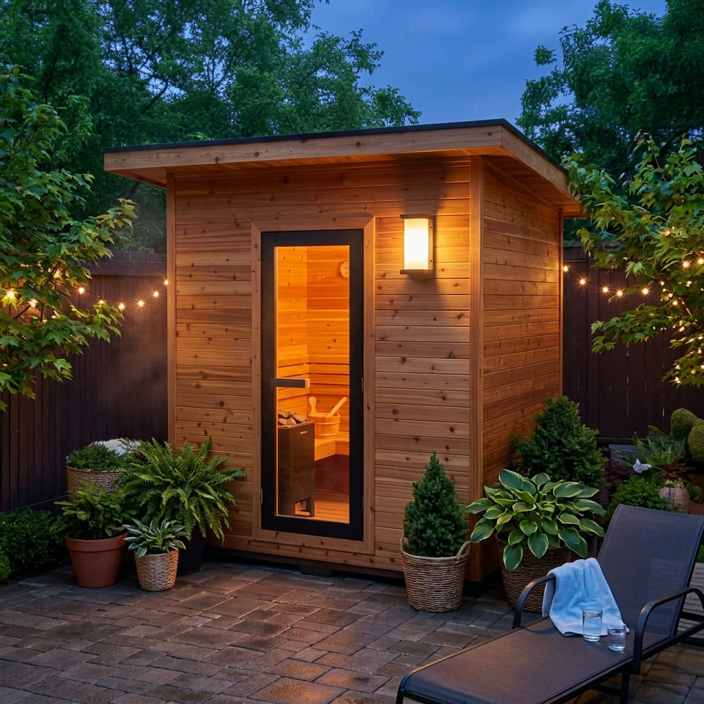 Sunray Denali 4-person contemporary outdoor sauna on a stone patio