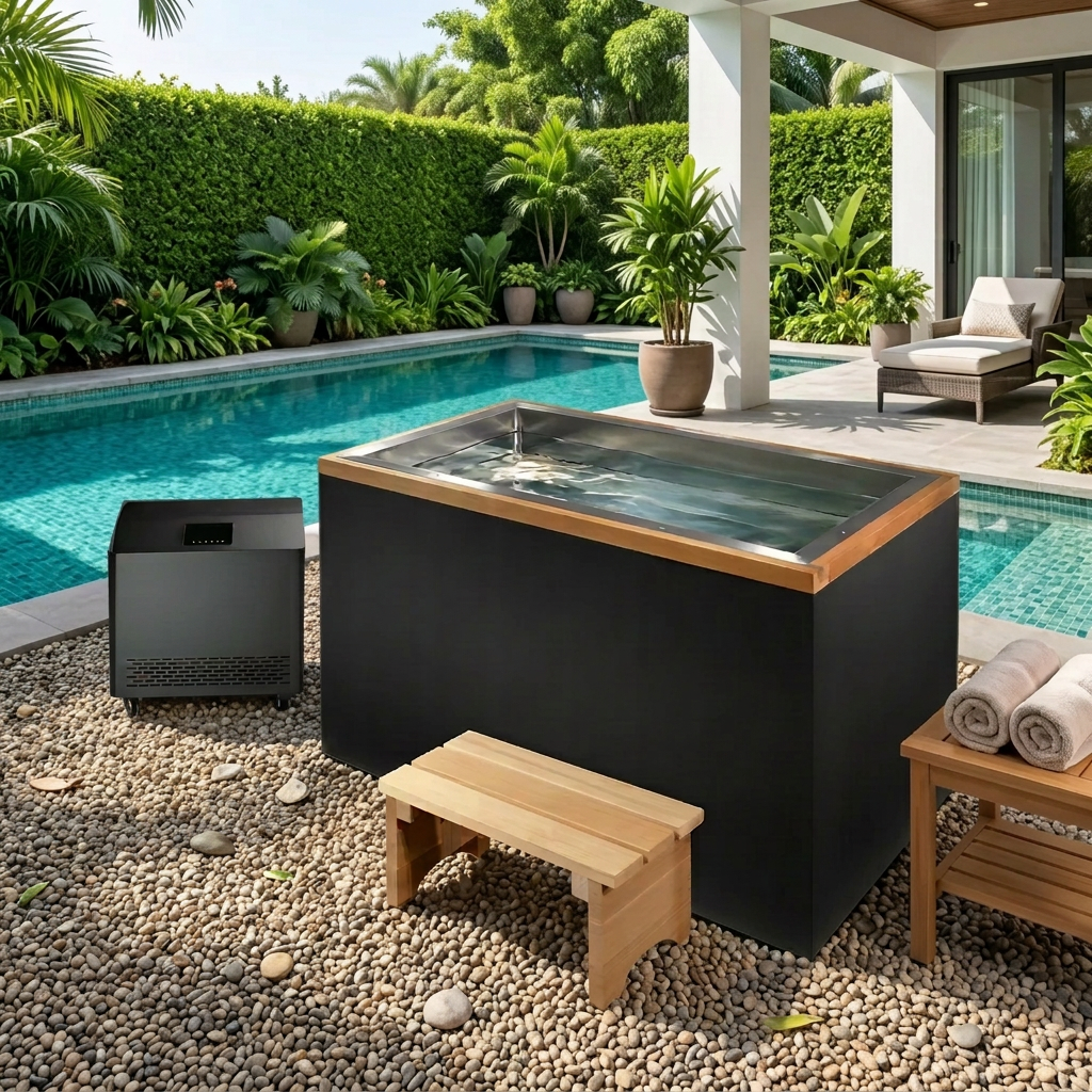 Cuboid stainless steel cold plunge with chiller by a backyard pool