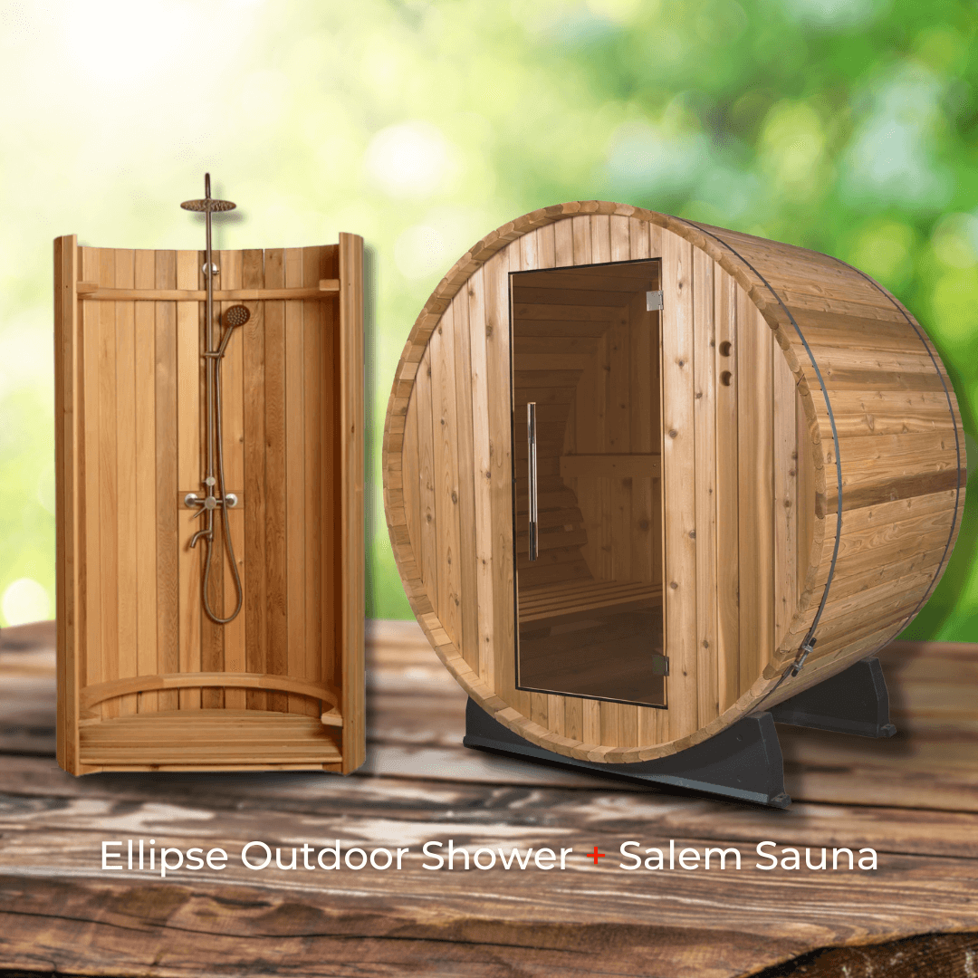 Almost Heaven Salem 2 Person Barrel Sauna & Almost Heaven Ellipse Outdoor Shower