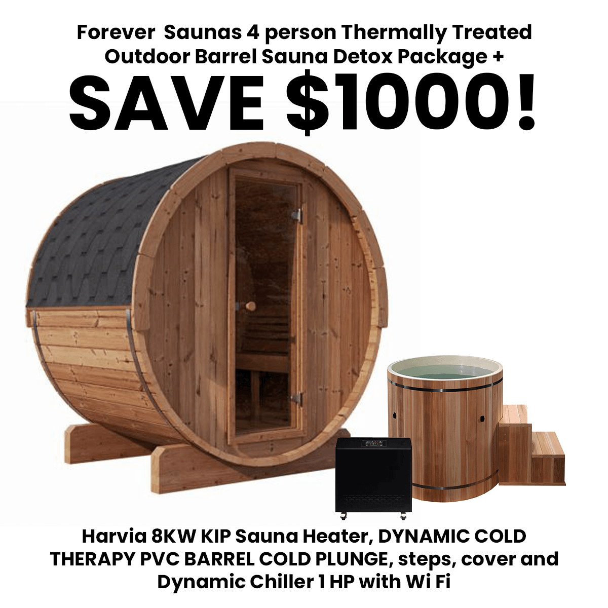 Forever Saunas Saunas Forever Saunas 4 person Thermally Treated Outdoor Barrel Sauna Detox Package