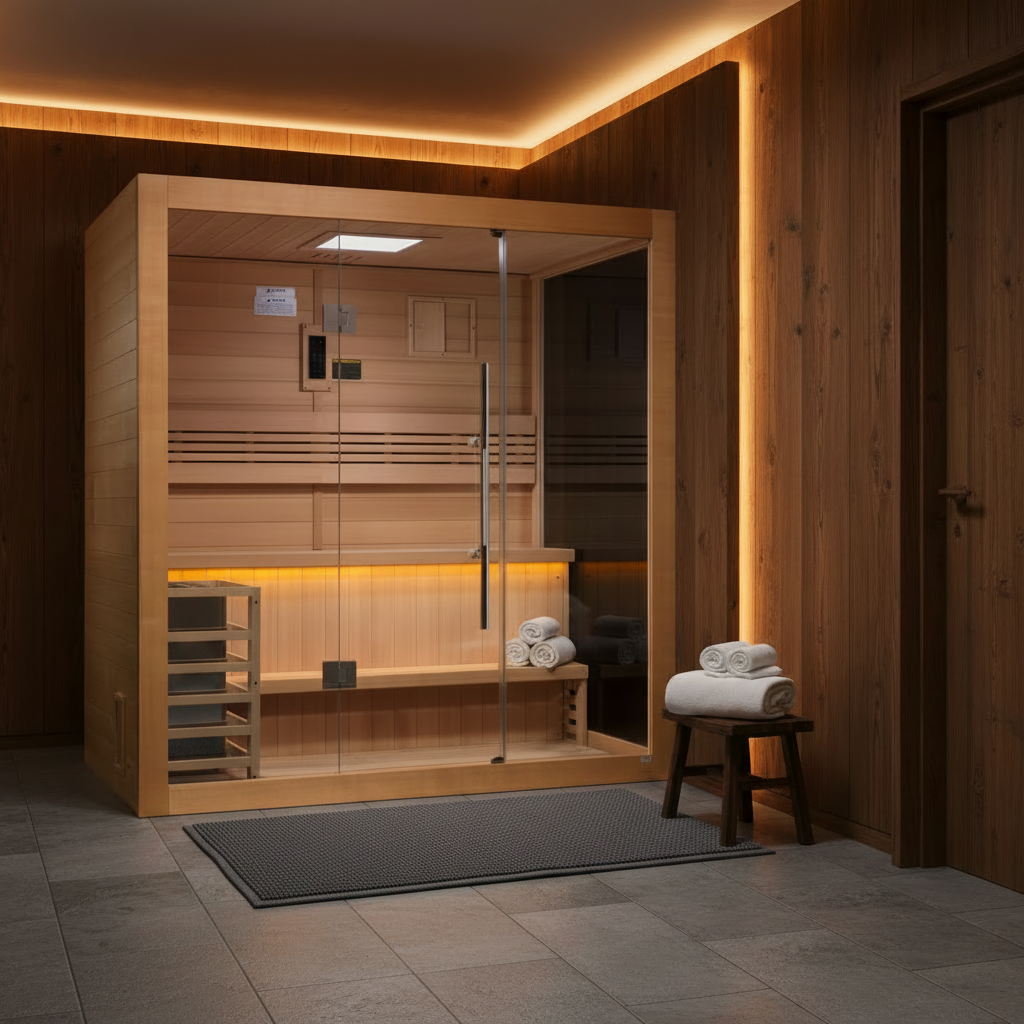 A modern wooden sauna cabin with glass doors, built into a wood-paneled room with warm ambient lighting. White towels are neatly rolled and placed on a small stool beside the entrance.