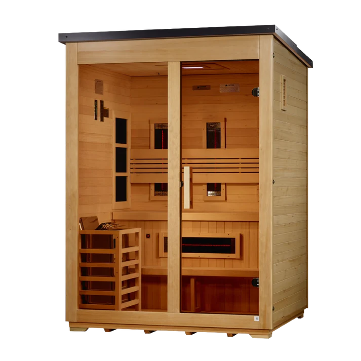 Golden Designs Saunas Golden Designs "Carinthia" 3 Person Hybrid (PureTech™ Full Spectrum IR or Traditional Stove) Flat Roof Outdoor Sauna (GDI-8023-01)