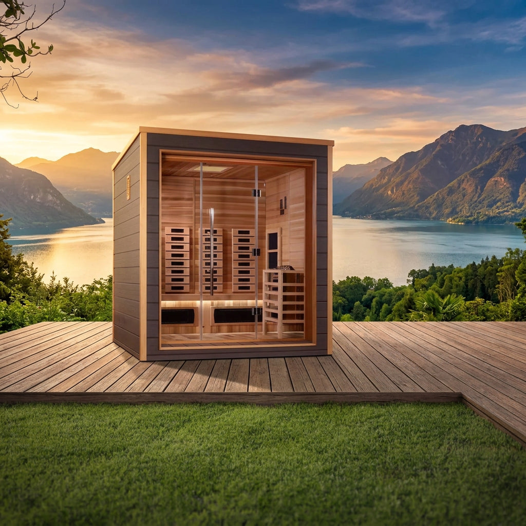 Golden Designs Visby outdoor-indoor sauna on a seaside patio