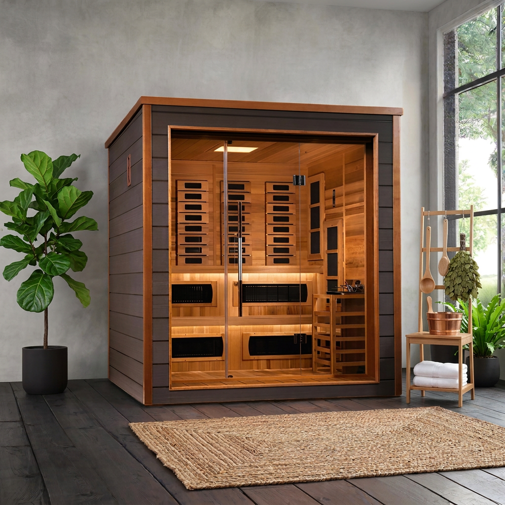 Golden Designs Karlstad 6-person hybrid sauna with dark exterior, glass front doors, and light wood interior bench seating