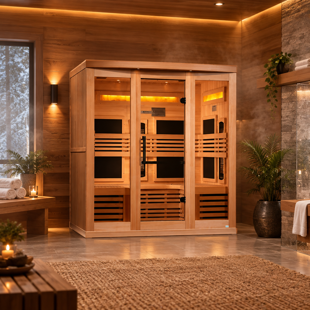 Golden Designs Reserve Edition 6-person infrared sauna in a warmly lit spa room