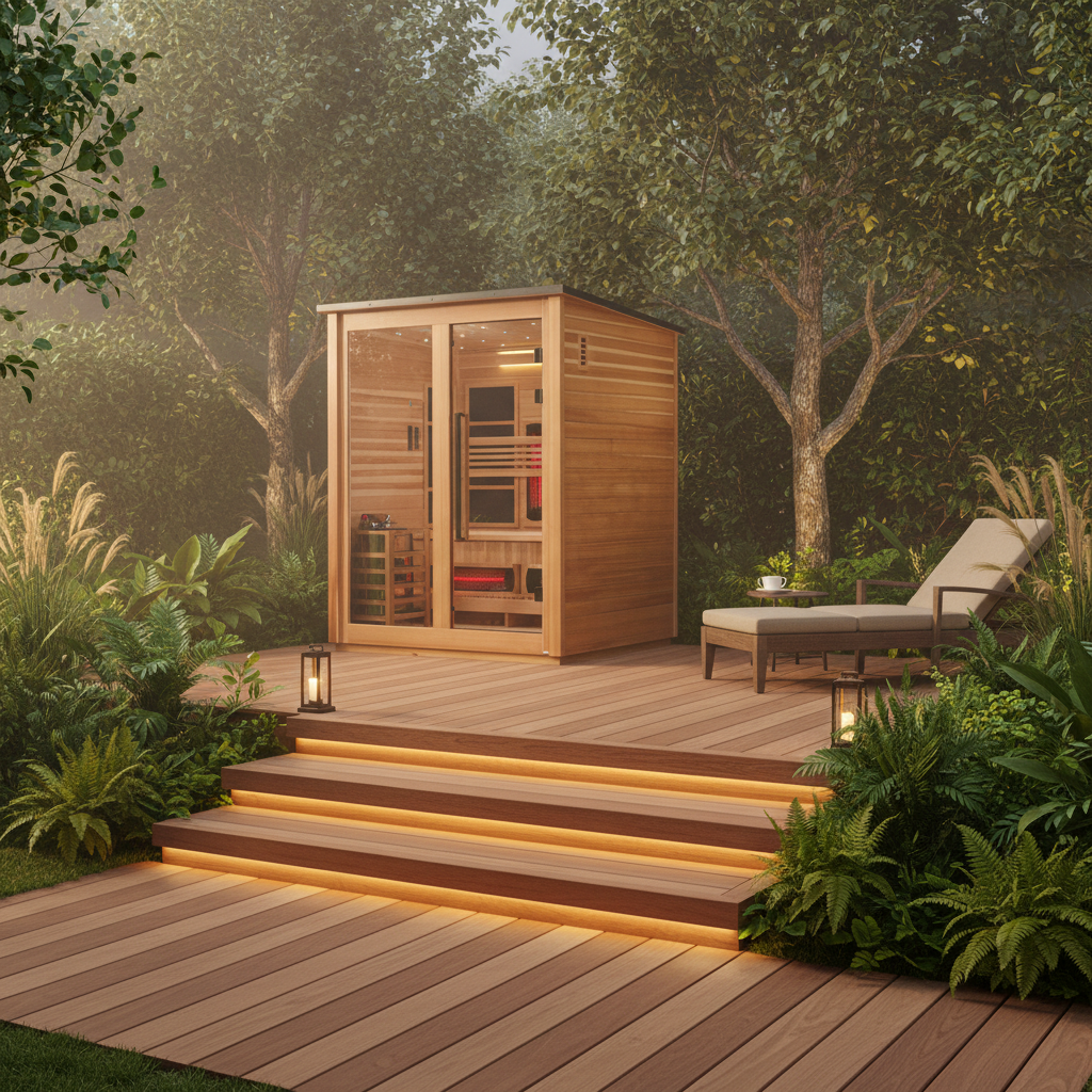 A wooden outdoor sauna cabin with glass doors sits on a raised wooden deck surrounded by lush green plants and trees. A lounge chair is placed beside the cabin, and warm LED lighting glows along the steps and inside the cabin.