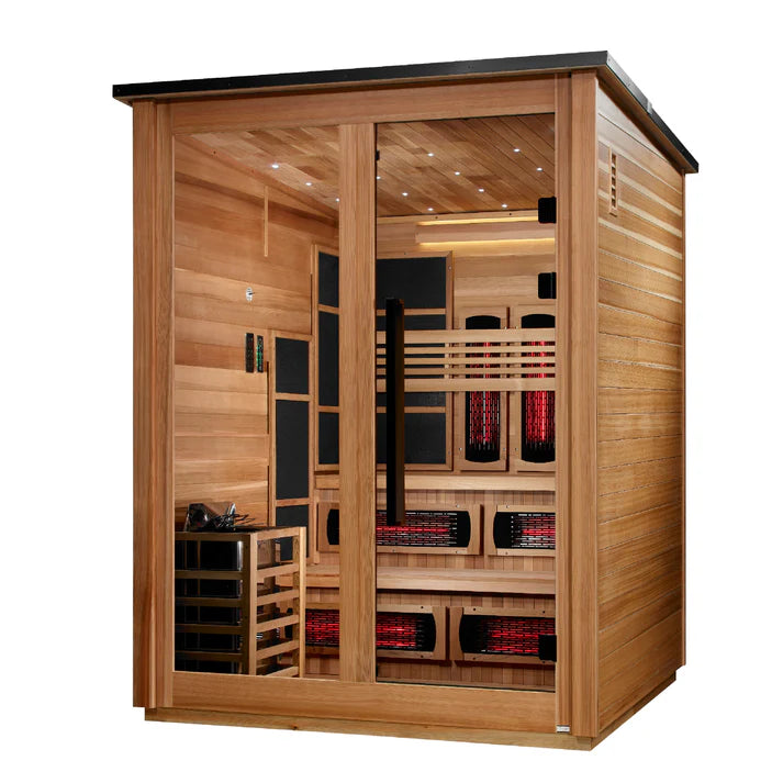 Golden Designs Saunas Golden Designs 2026 Model "Kaskinen" 6 Person, Pacific Cedar Barn Hybrid (PureTech™ Full Spectrum IR or Traditional Stove) Outdoor Sauna (GDI-8526-02)