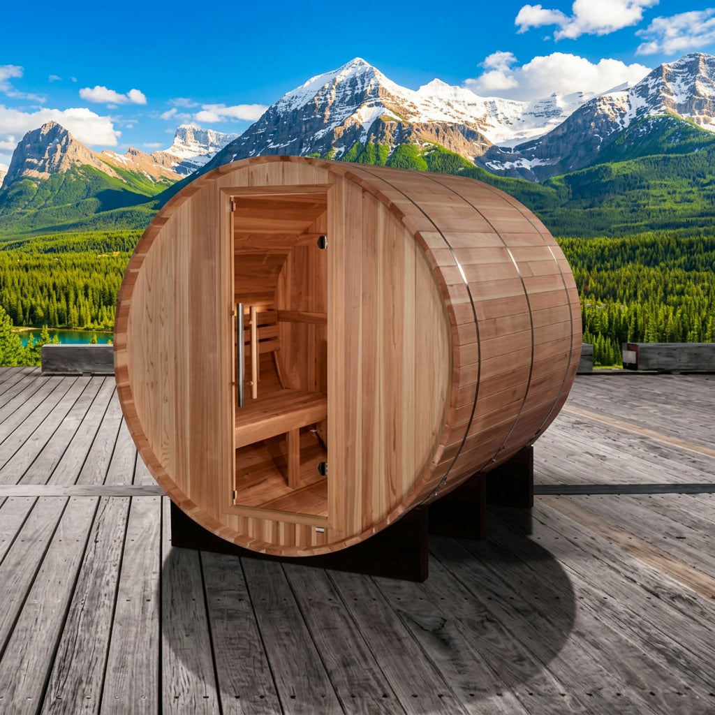 Arosa cedar barrel sauna on a deck with a mountain view