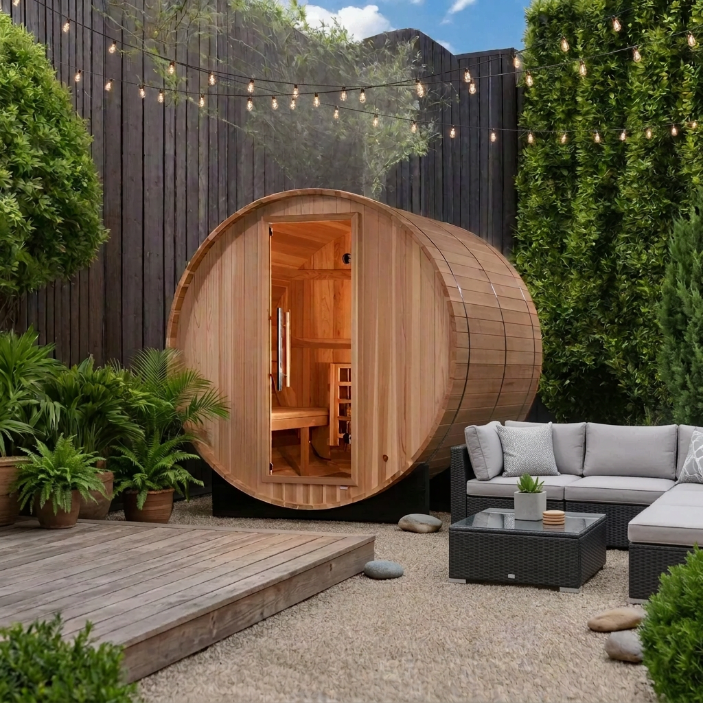 Golden Designs Arosa barrel sauna on a gravel courtyard