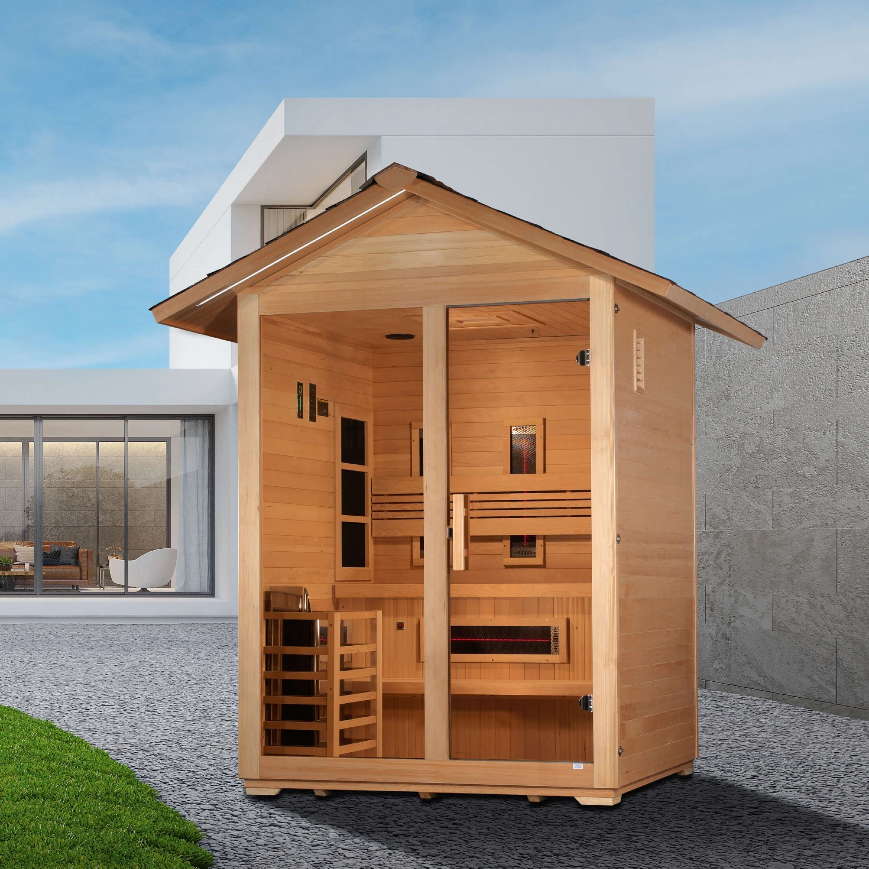 Golden Designs Saunas Golden Designs Carinthia 3 Person Hybrid (PureTech™ Full Spectrum IR or Traditional Stove) Outdoor Sauna (GDI-8123-01)