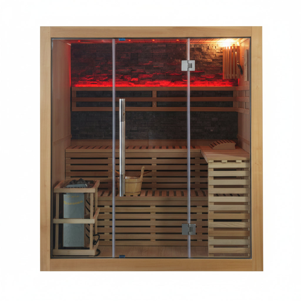 A wooden indoor sauna with glass doors, wooden tiered benches, a metal steam pipe, a bucket, and warm red ambient lighting inside, shown on a plain white background.